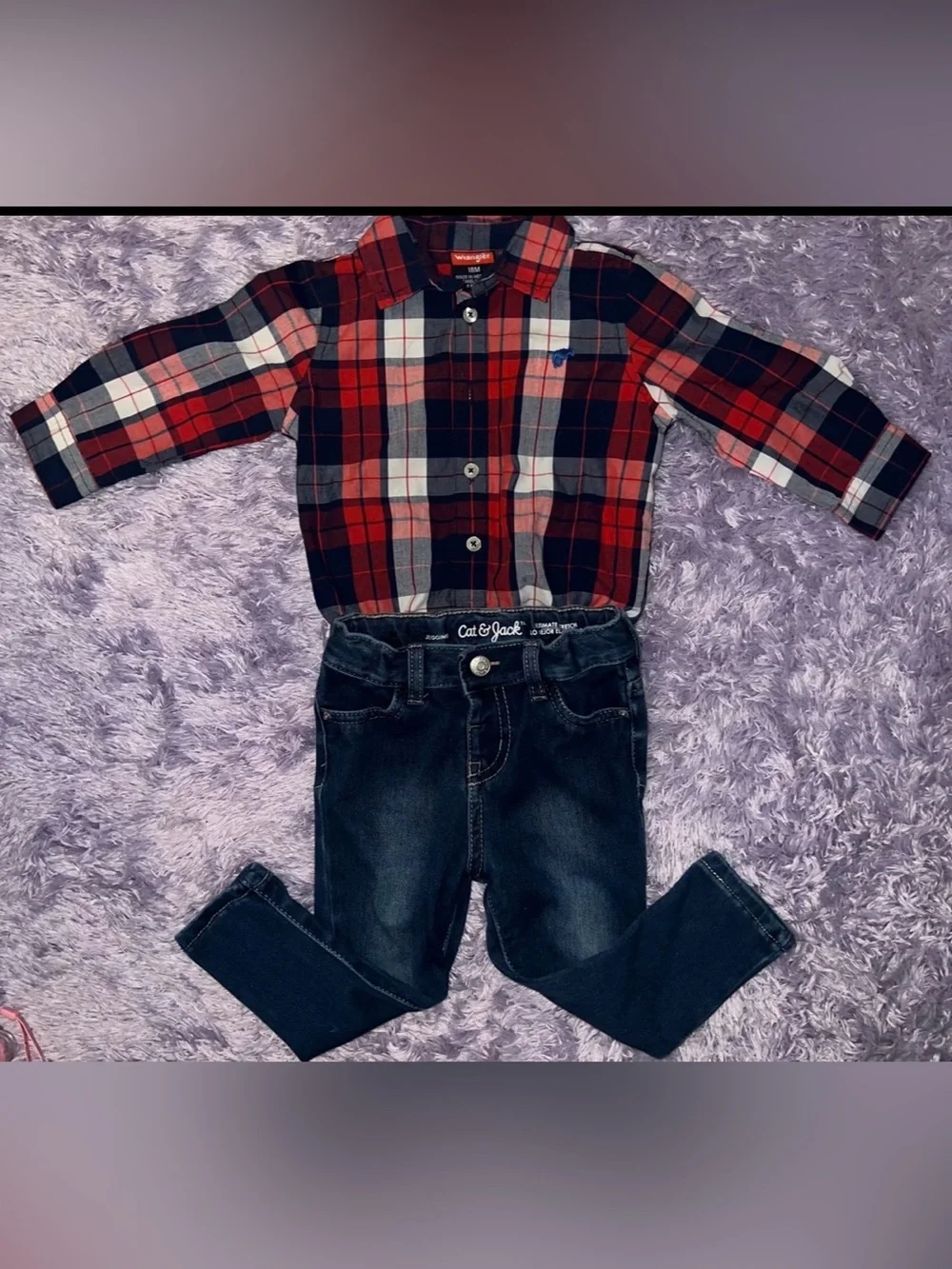 Cat & Jack Red Navy White Plaid Button-Up Onesie with Dark Denim Jeans 18M
